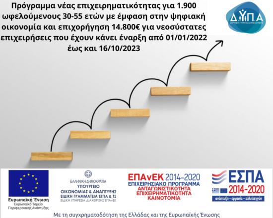 Πρόγραμμα Νέας Επιχειρηματικότητας για 1.900 ωφελούμενους 30-55 ετών με έμφαση στην ψηφιακή οικονομία και επιχορήγηση 14.800€